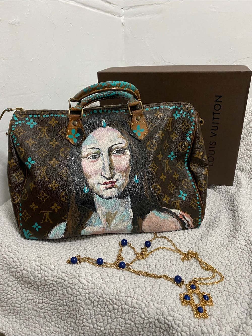 Custom Painted Authentic Louis Vuitton Monogram speedy 35 satchel bag